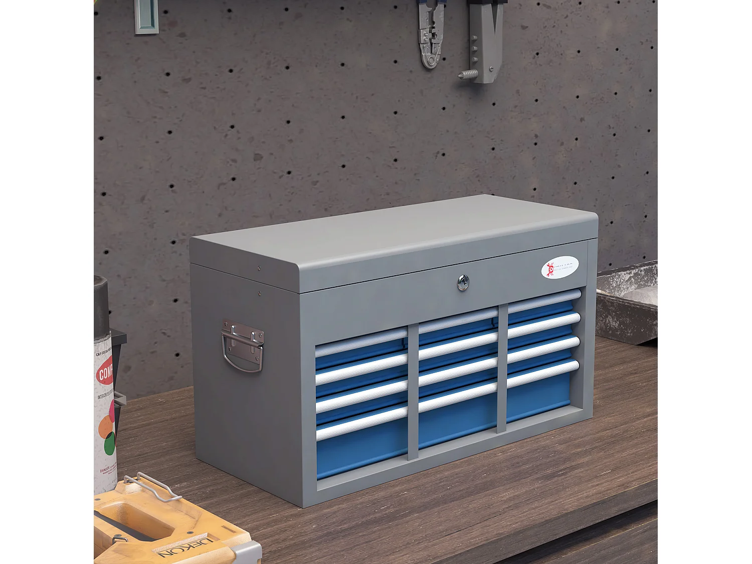 Boite à outils métallique caisse à outils - 6 tiroirs + plateau verrouillables - tapis EVA poignées tôle acier gris bleu
