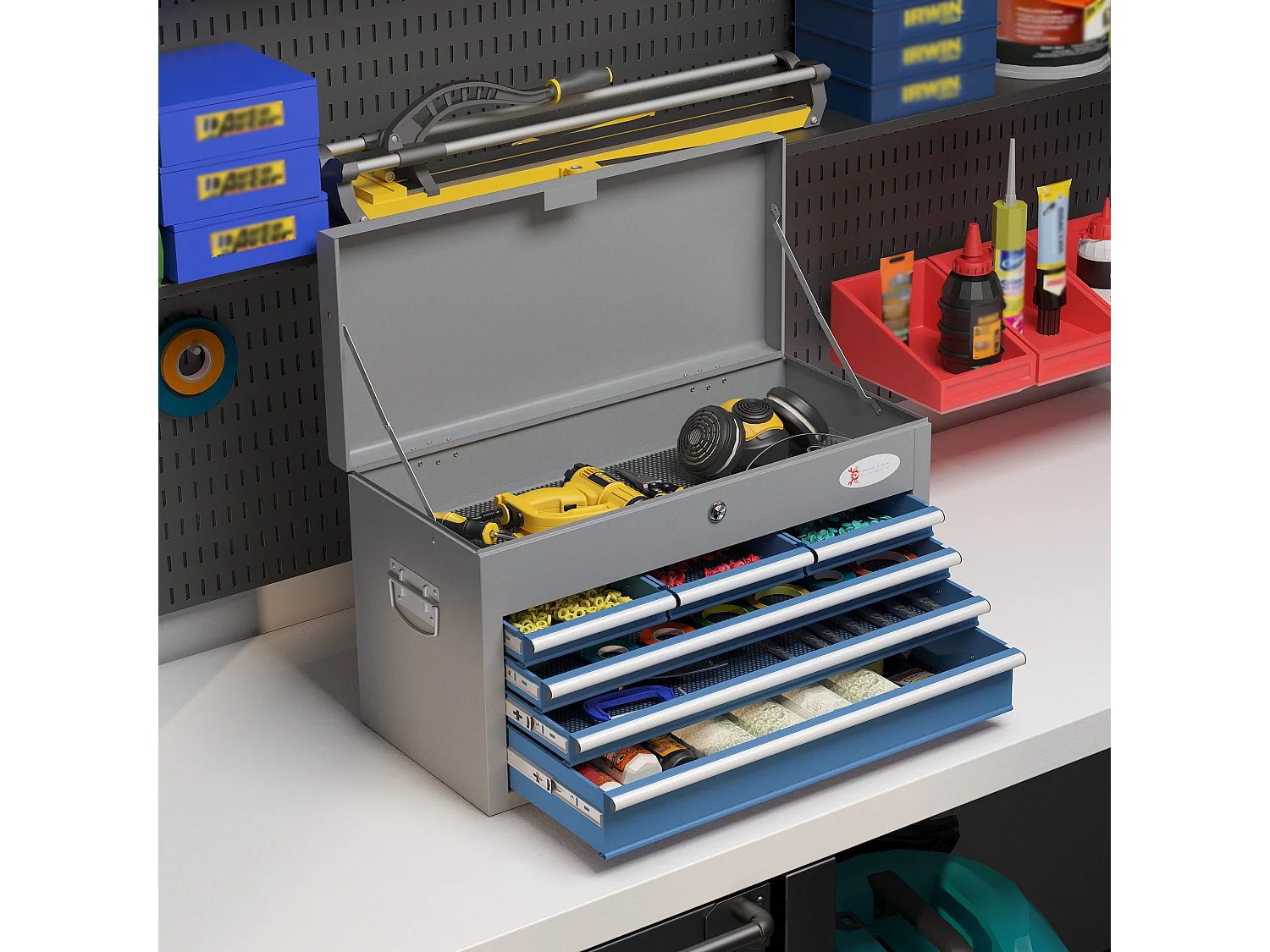 Boite à outils métallique caisse à outils - 6 tiroirs + plateau verrouillables - tapis EVA poignées tôle acier gris bleu