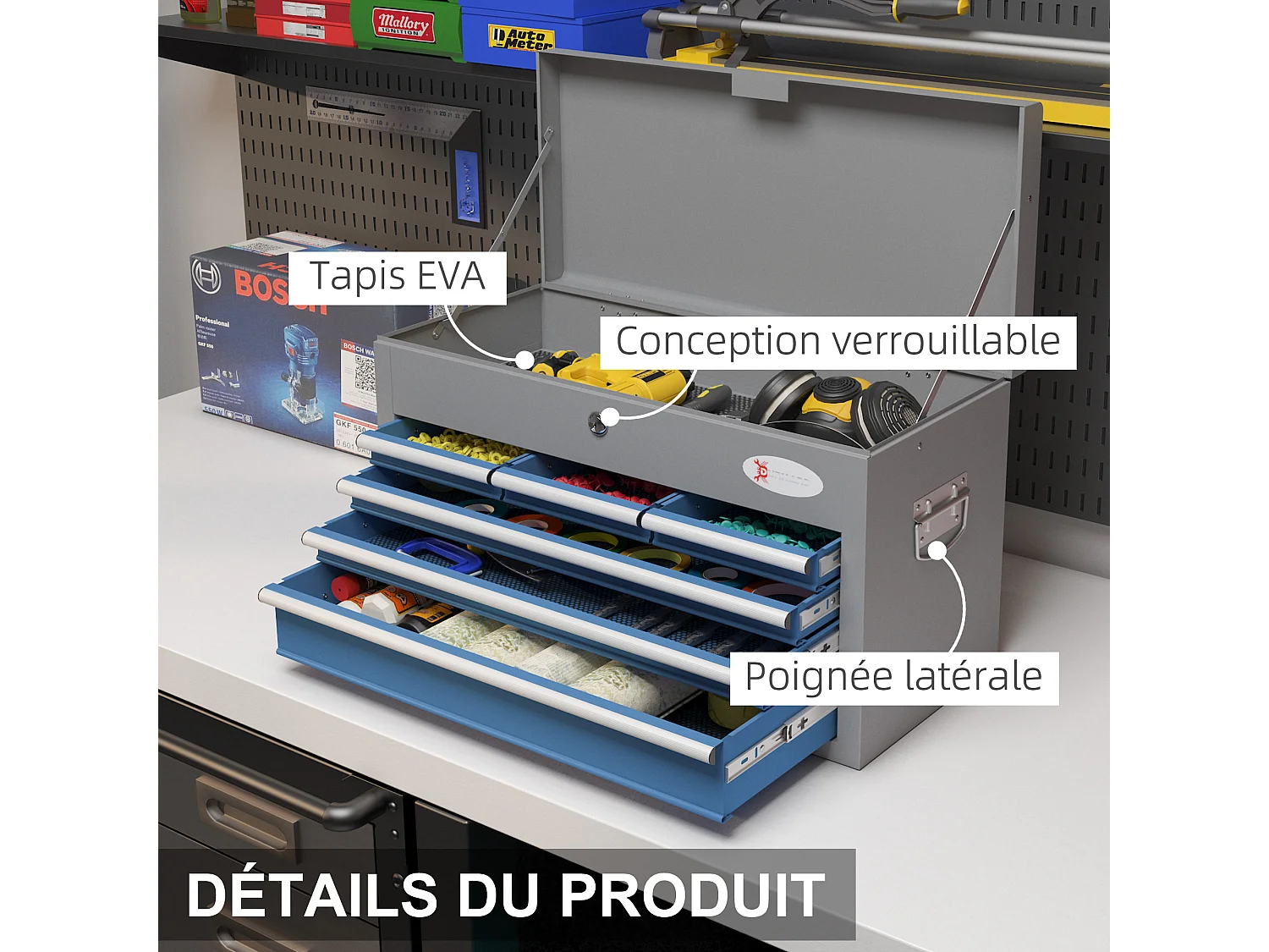 Boite à outils métallique caisse à outils - 6 tiroirs + plateau verrouillables - tapis EVA poignées tôle acier gris bleu