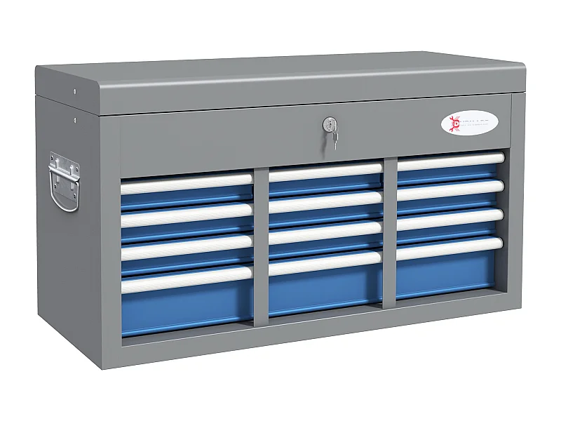 Boite à outils métallique caisse à outils - 6 tiroirs + plateau verrouillables - tapis EVA poignées tôle acier gris bleu