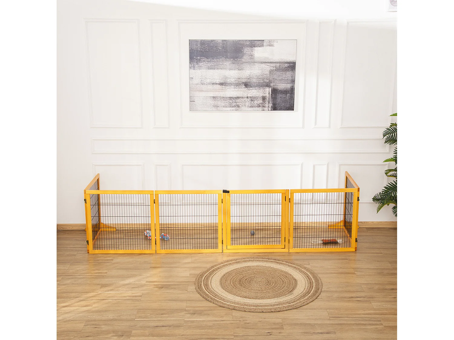 Barrière de sécurité parc enclos chien modulable pliable porte verrouillable intégrée 5 panneaux grillage acier noir bois de pin verni