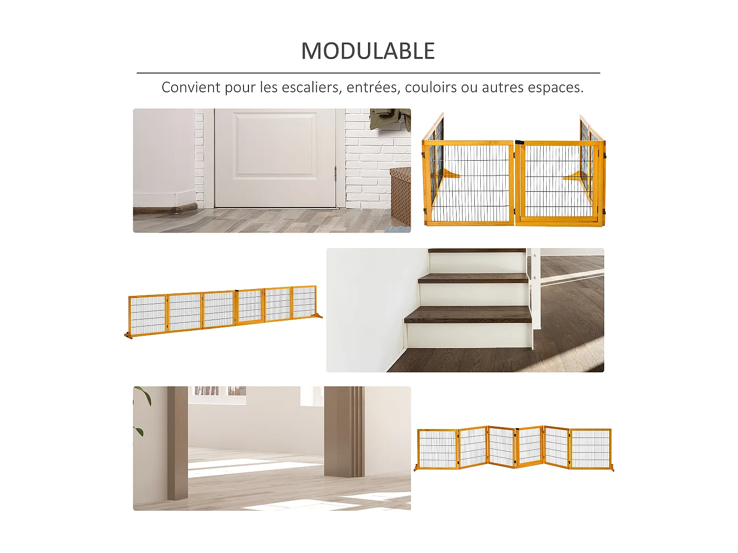 Barrière de sécurité parc enclos chien modulable pliable porte verrouillable intégrée 5 panneaux grillage acier noir bois de pin verni