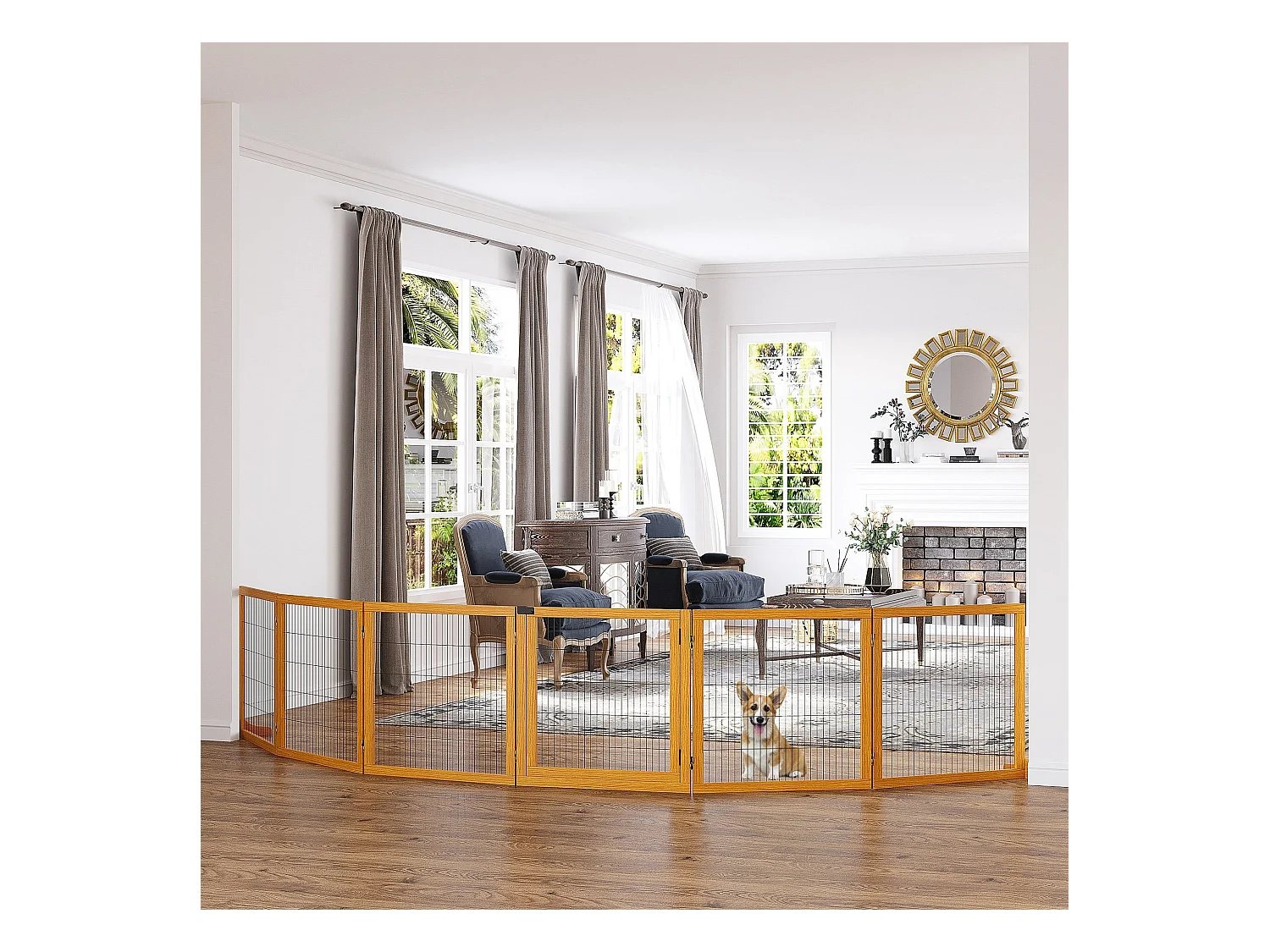 Barrière de sécurité parc enclos chien modulable pliable porte verrouillable intégrée 5 panneaux grillage acier noir bois de pin verni