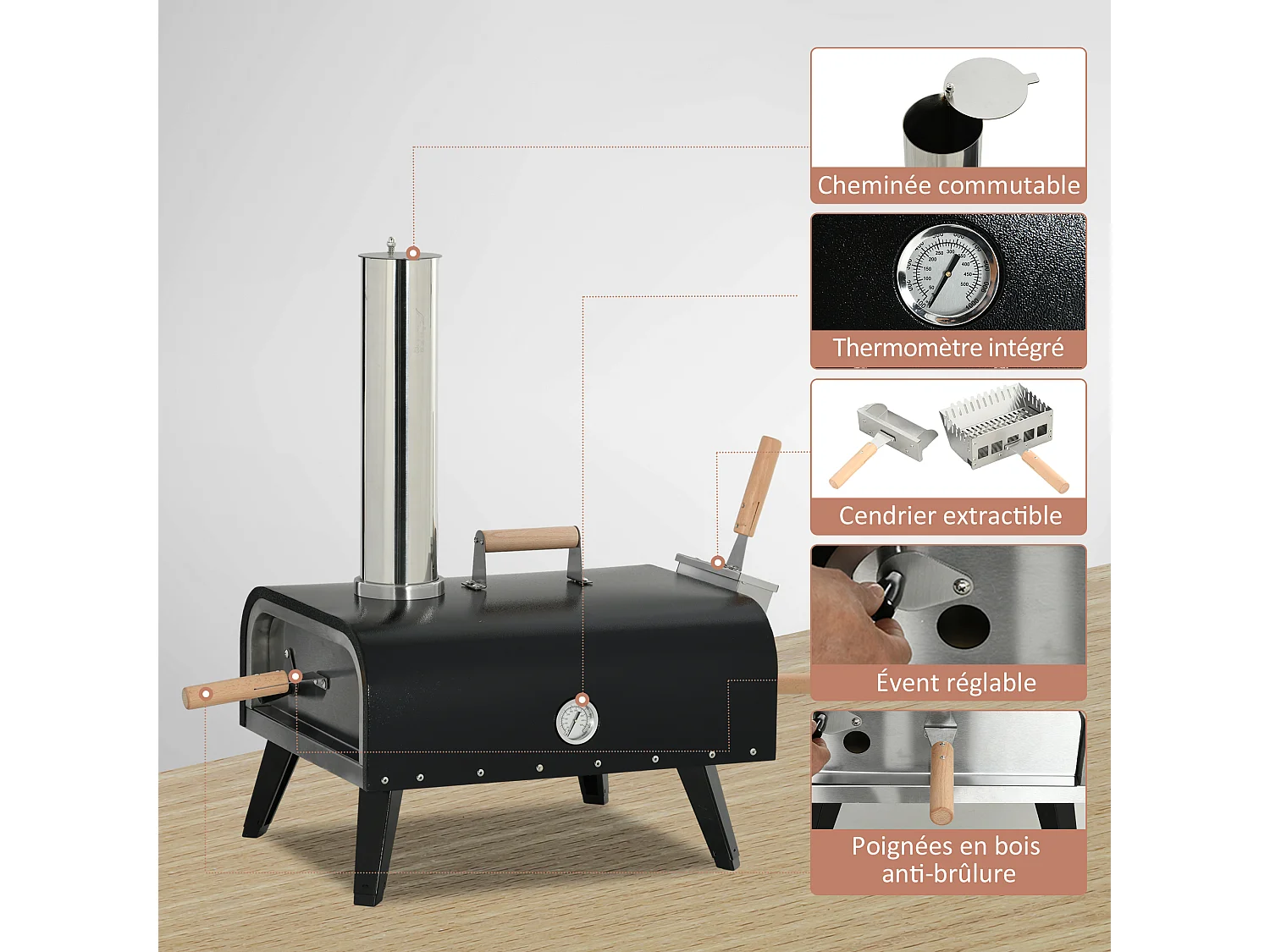 Four à pizza extérieur feu de bois - pelle à pizza, pierre réfractaire Ø 30 cm inclus