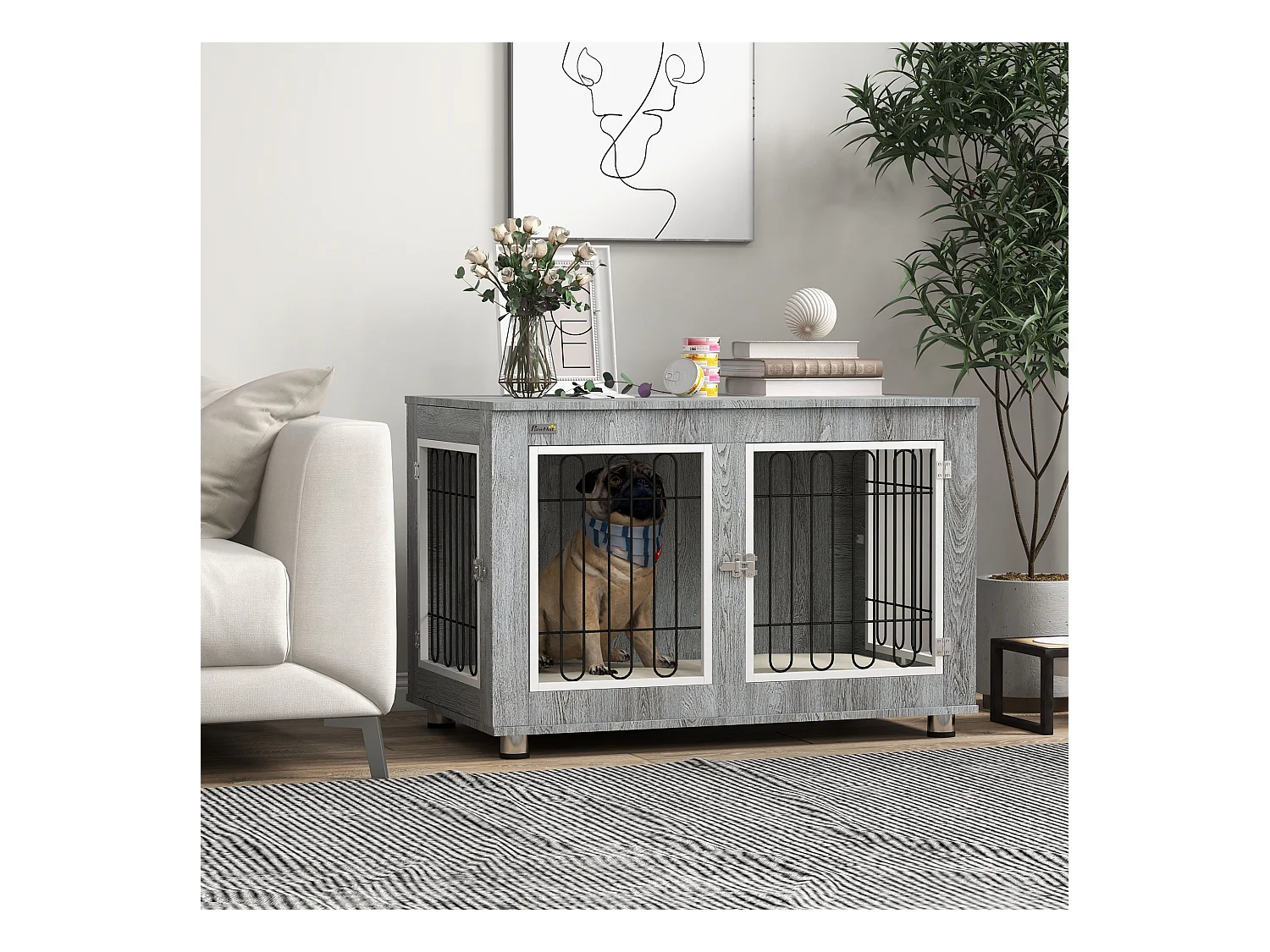 Cage pour chien sur pied - 2 portes verrouillables, coussin déhoussable inclus - acier filaire noir panneaux aspect bois gris