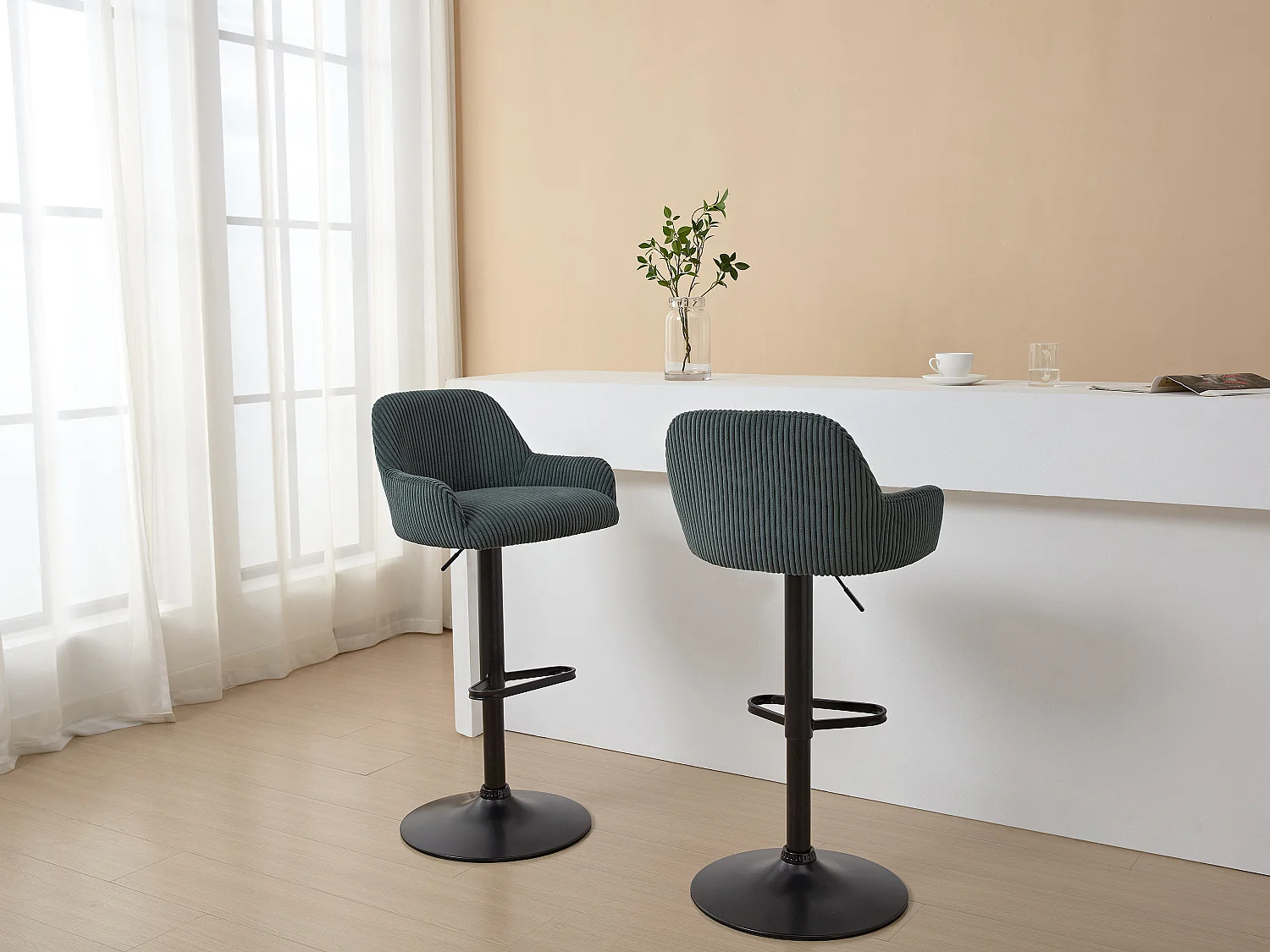 Lot de 2 tabourets en velours côtelé et métal noir - Hauteur réglable - Vert - LILIYA