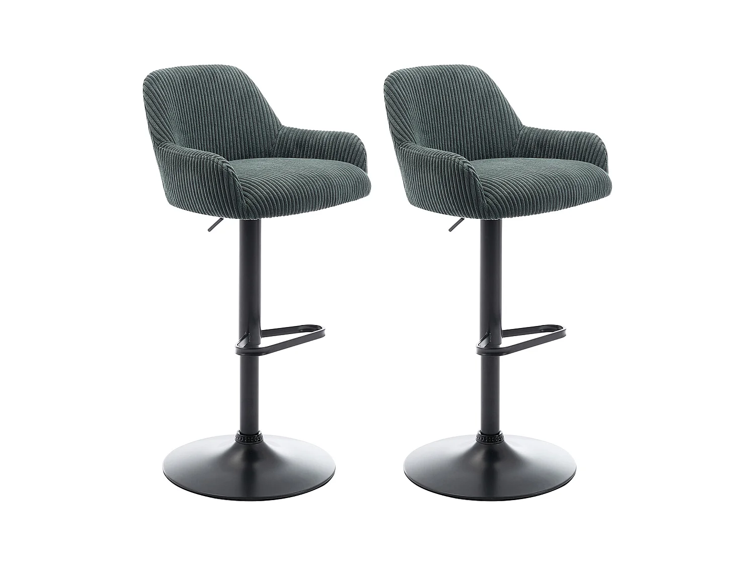 Lot de 2 tabourets en velours côtelé et métal noir - Hauteur réglable - Vert - LILIYA