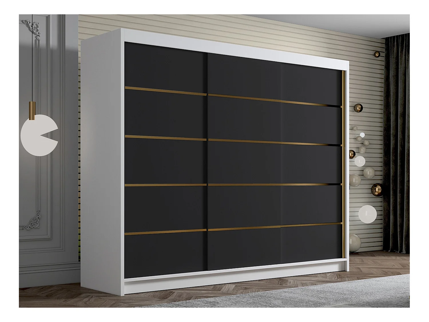 Guardaroba Closico 184, Bianco|Nero, 215x250x58cm, Porte guardaroba: Scorrevoli