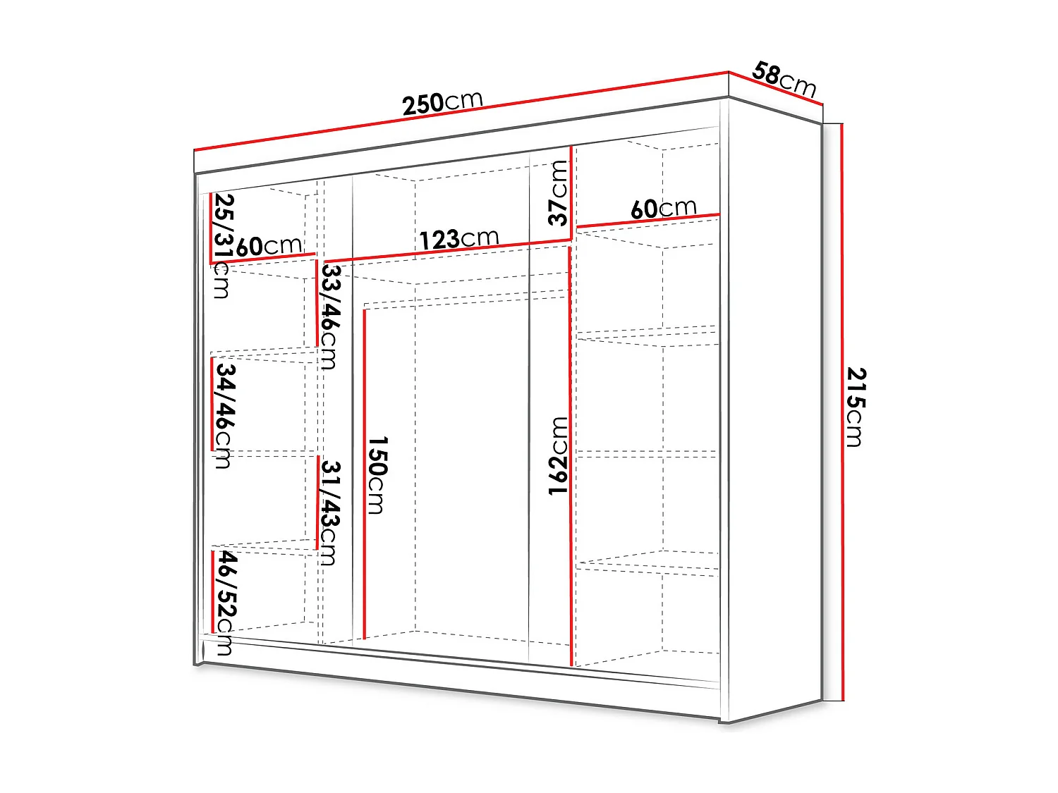 Armoire Closico 184, Blanc|Noir, 215x250x58cm, Portes d'armoire: Coulissantes
