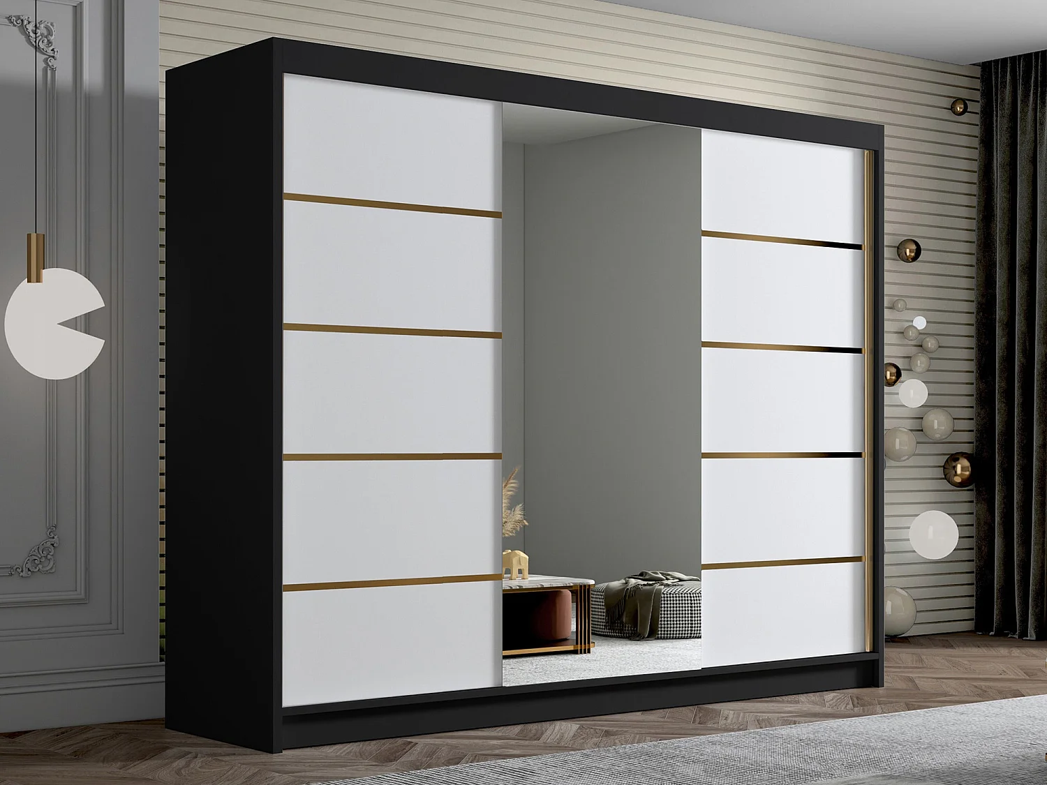 Armario Closico 184, Negro|Blanco, 215x250x58cm, Puertas de armario: Correderas