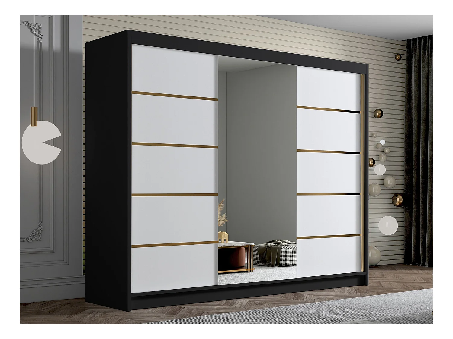 Armoire Closico 184, Blanc|Noir, 215x250x58cm, Portes d'armoire: Coulissantes