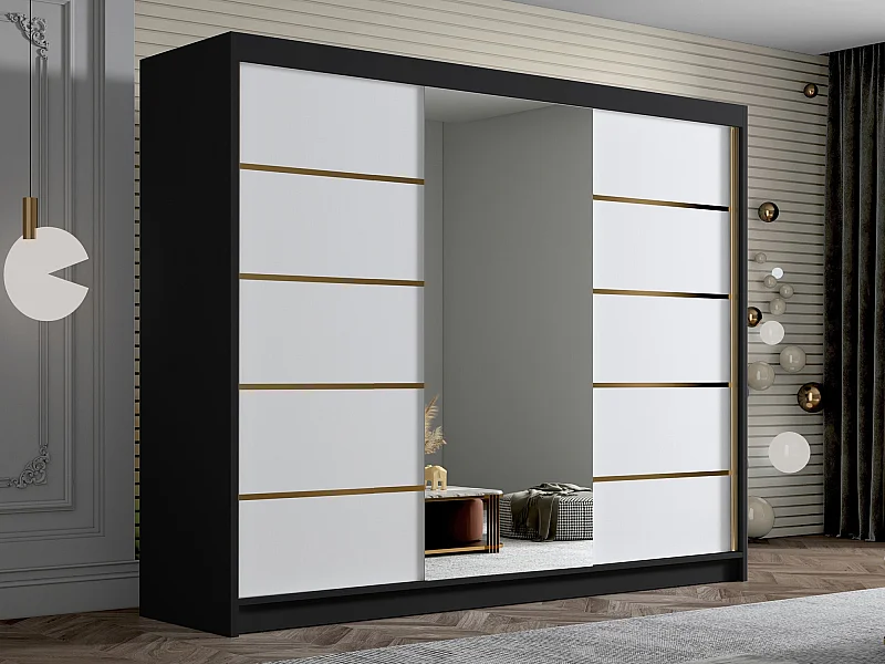 Armoire Closico 184, Noir|Blanc, 215x250x58cm, Portes d'armoire: Coulissantes