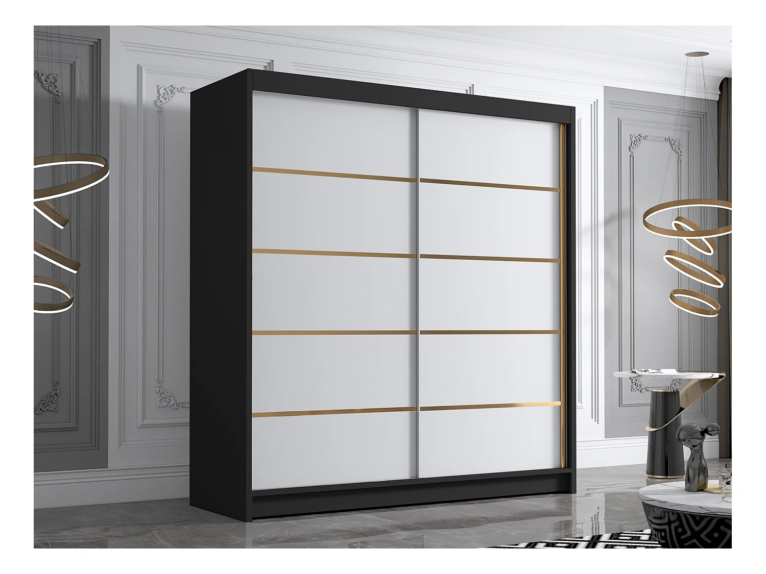 Armoire Closico 186, Blanc|Noir, 215x180x58cm, Portes d'armoire: Coulissantes
