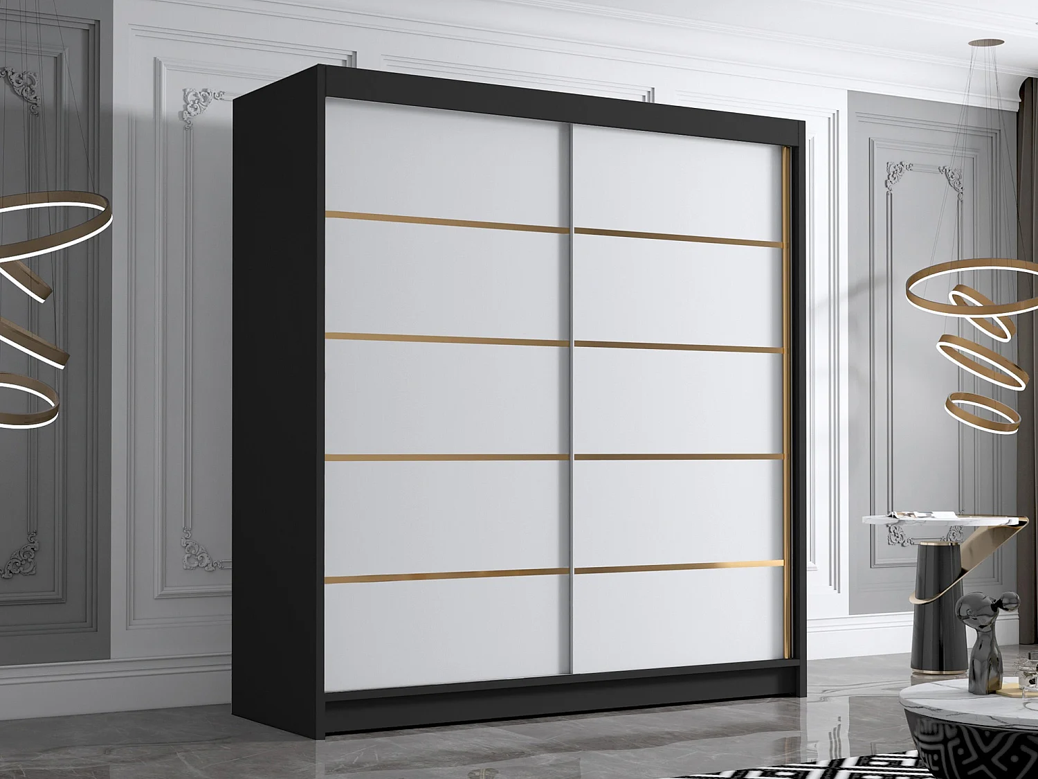 Armadio Closico 186, Nero|Bianco, 215x180x58cm, Porte armadi: Scorrevoli