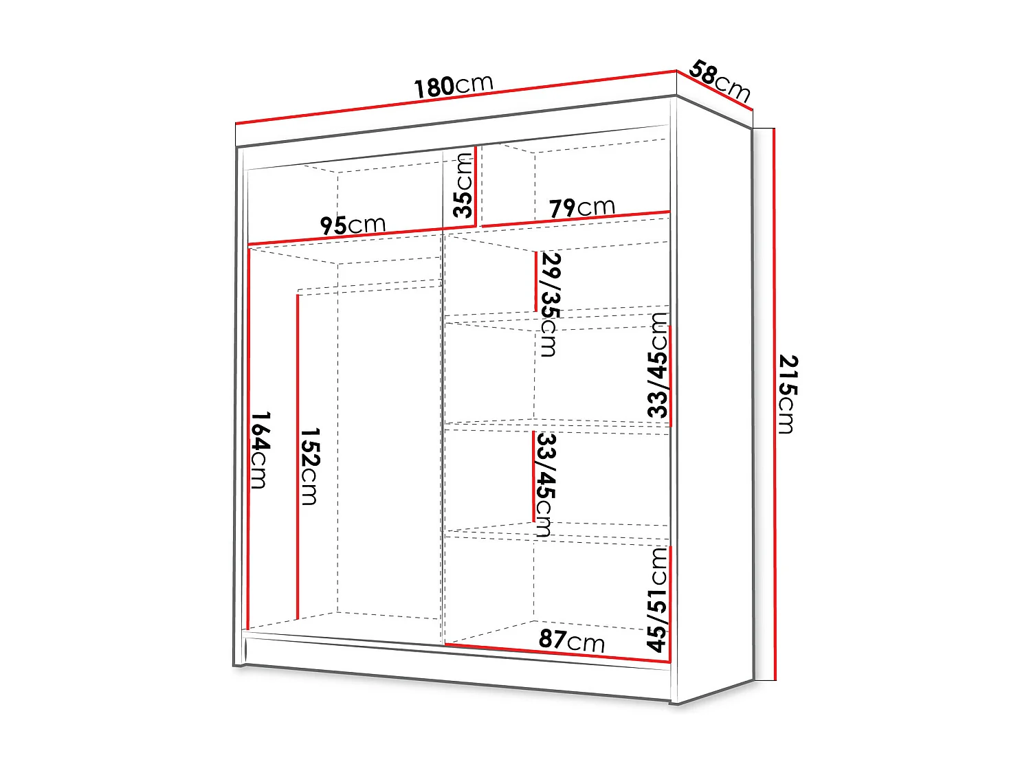 Armadio Closico 186, Nero|Bianco, 215x180x58cm, Porte armadi: Scorrevoli