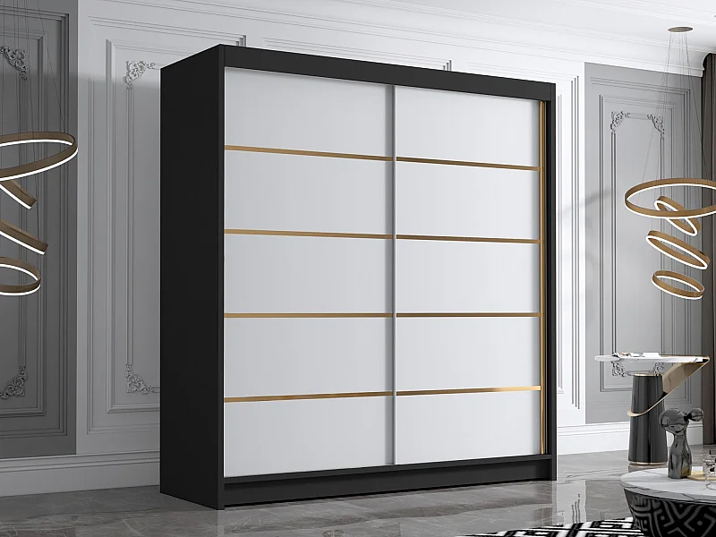 Armadio Closico 186, Bianco|Nero, 215x180x58cm, Porte armadi: Scorrevoli
