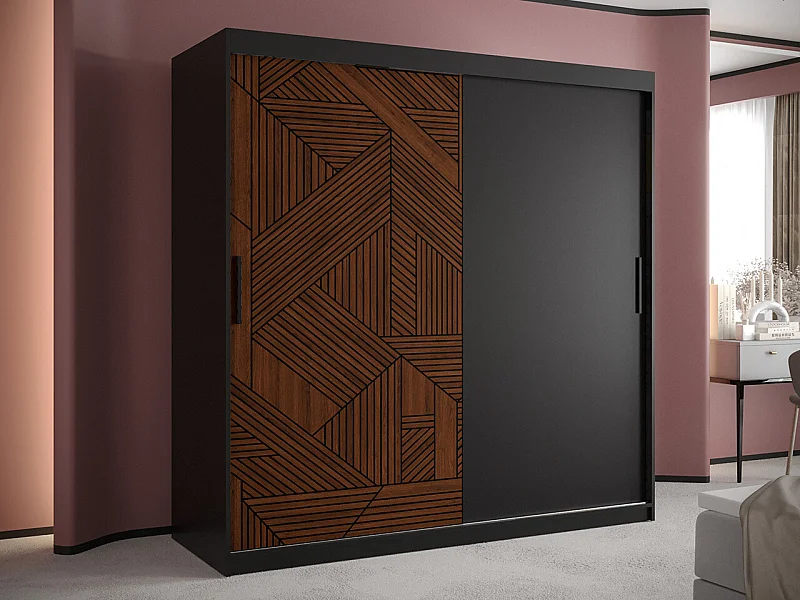 Armoire Hartford 465, Noyer|Noir, 200x180x62cm, Portes d'armoire: Coulissantes