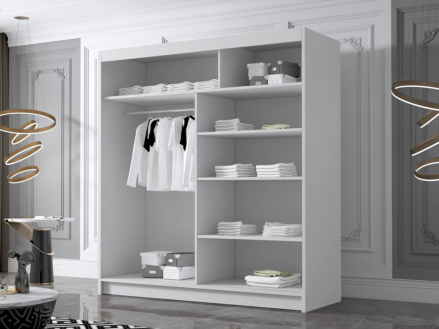 Armoire Closico 186, Blanc|Noir, 215x180x58cm, Portes d'armoire: Coulissantes