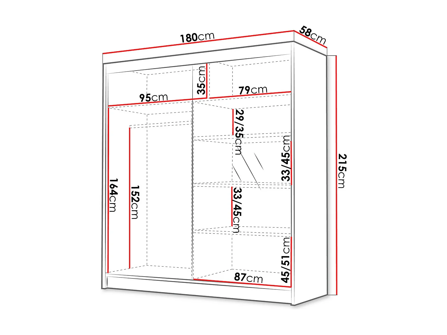 Armoire Closico 186, Blanc|Noir, 215x180x58cm, Portes d'armoire: Coulissantes