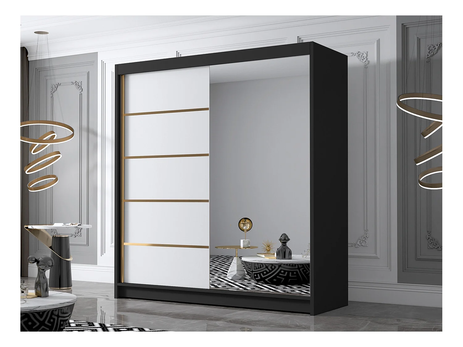Guardaroba Closico 186, Bianco|Nero, 215x180x58cm, Porte guardaroba: Scorrevoli