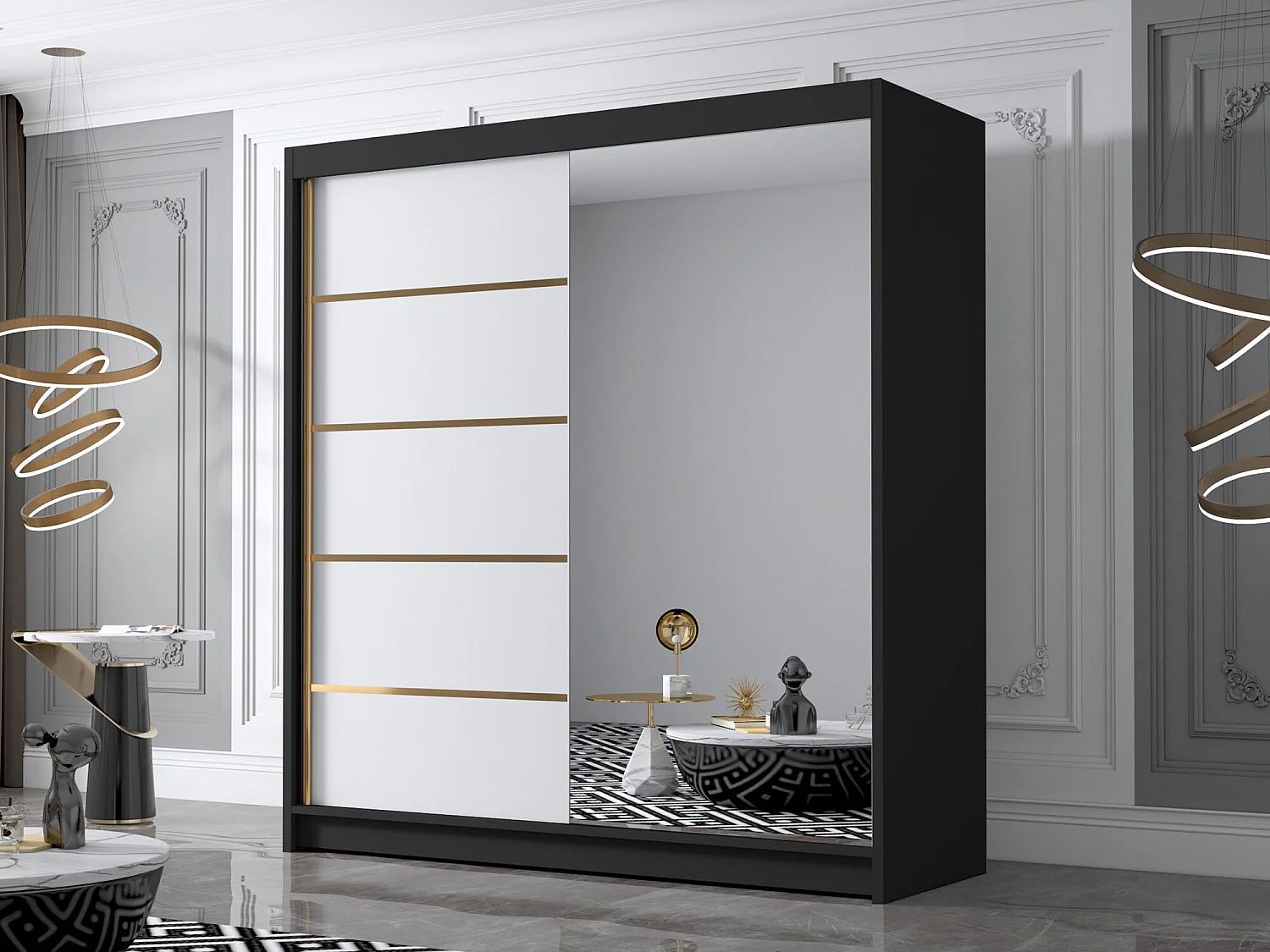 Armadio Closico 186, Bianco|Nero, 215x180x58cm, Porte armadi: Scorrevoli