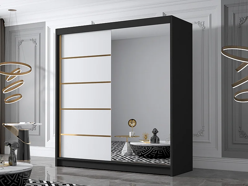 Armoire Closico 186, Noir|Blanc, 215x180x58cm, Portes d'armoire: Coulissantes