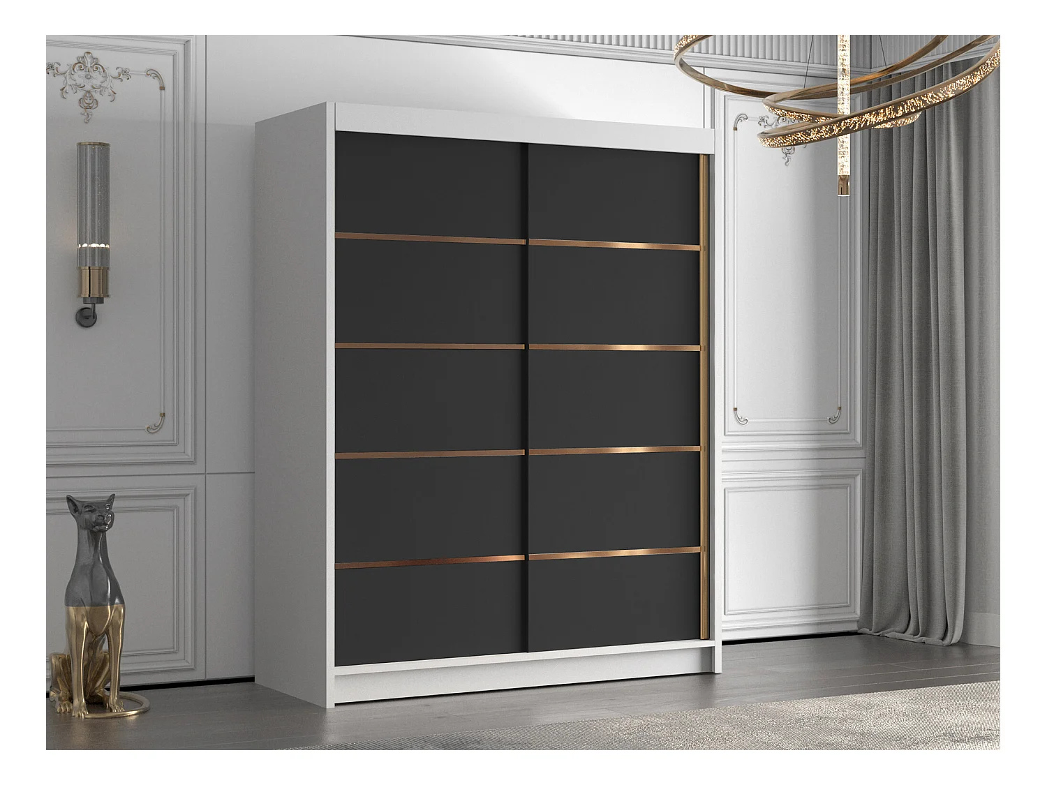 Armoire Closico 187, Blanc|Noir, 200x150x58cm, Portes d'armoire: Coulissantes