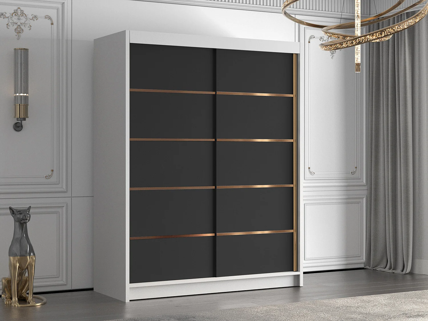 Armoire Closico 187, Noir|Blanc, 200x150x58cm, Portes d'armoire: Coulissantes
