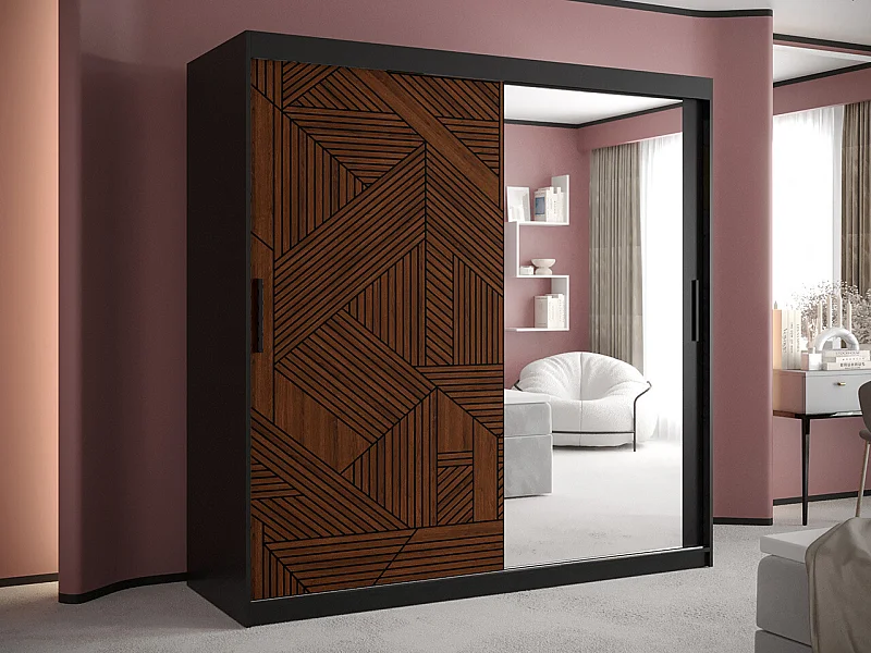 Armario Hartford 468, Nogal|Negro, 200x180x62cm, Puertas de armario: Correderas
