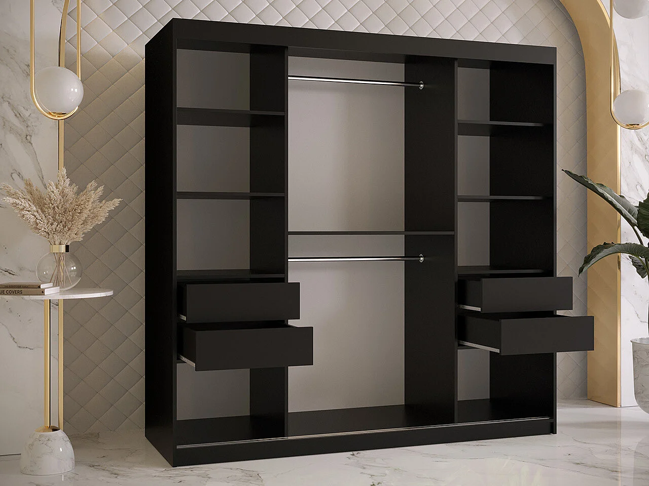 Armoire Hartford 468, Noir|Noyer, 200x180x62cm, Portes d'armoire: Coulissantes