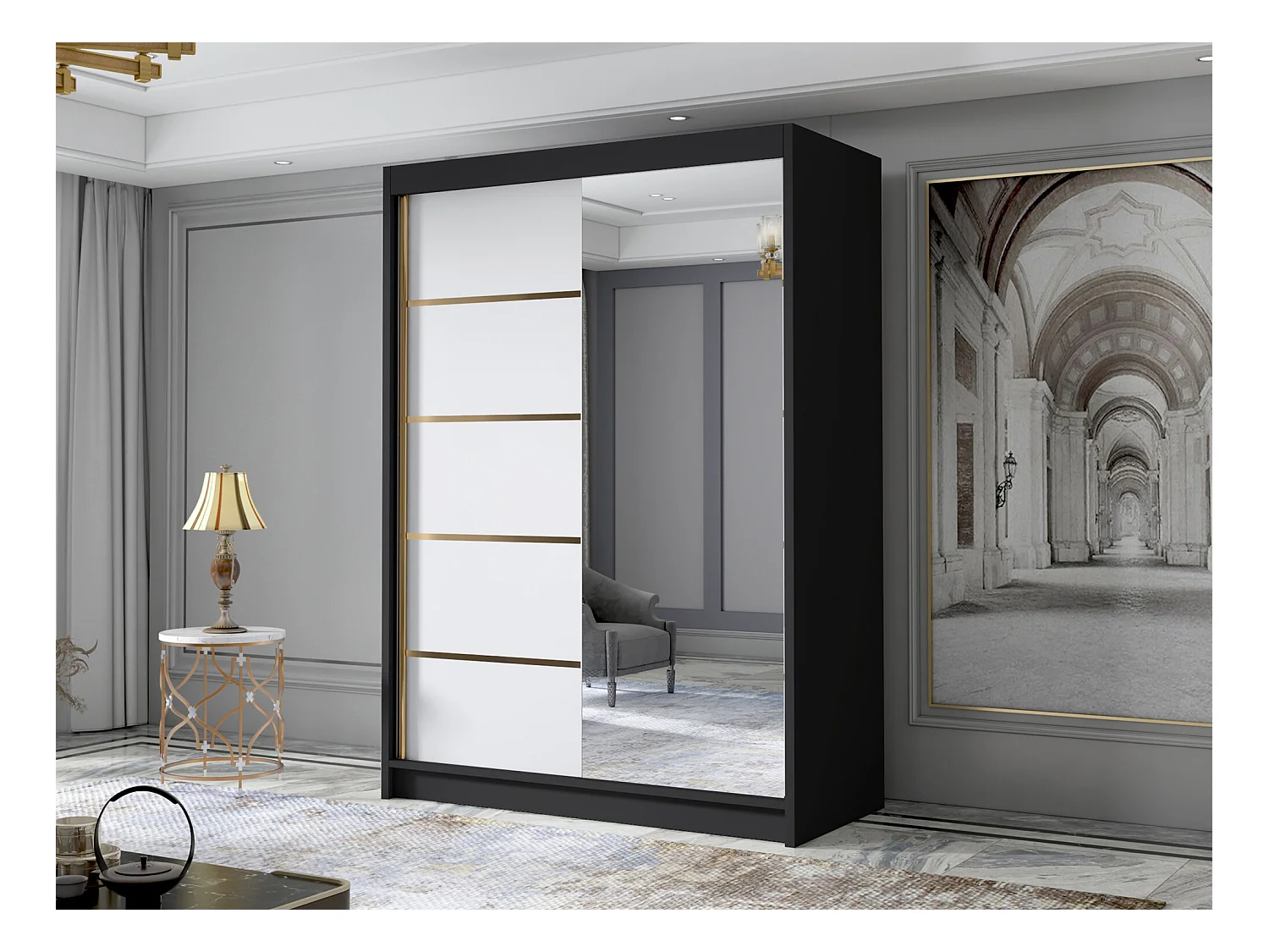 Armoire Closico 188, Blanc|Noir, 200x120x58cm, Portes d'armoire: Coulissantes