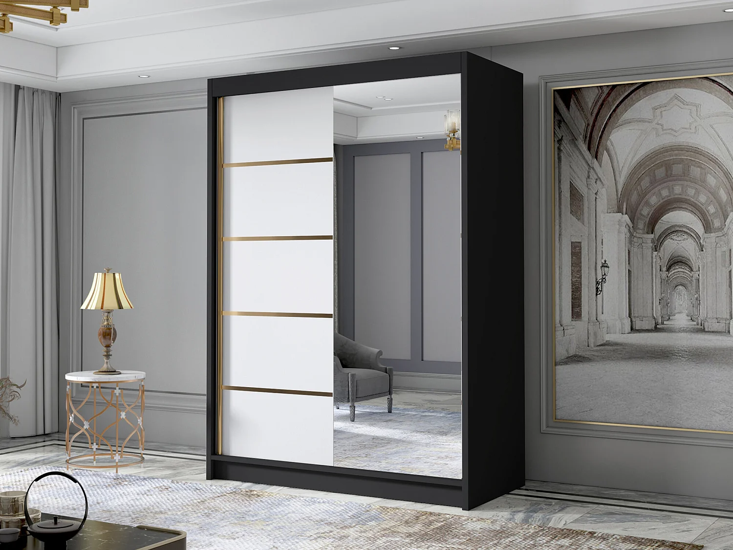 Armoire Closico 188, Blanc|Noir, 200x120x58cm, Portes d'armoire: Coulissantes