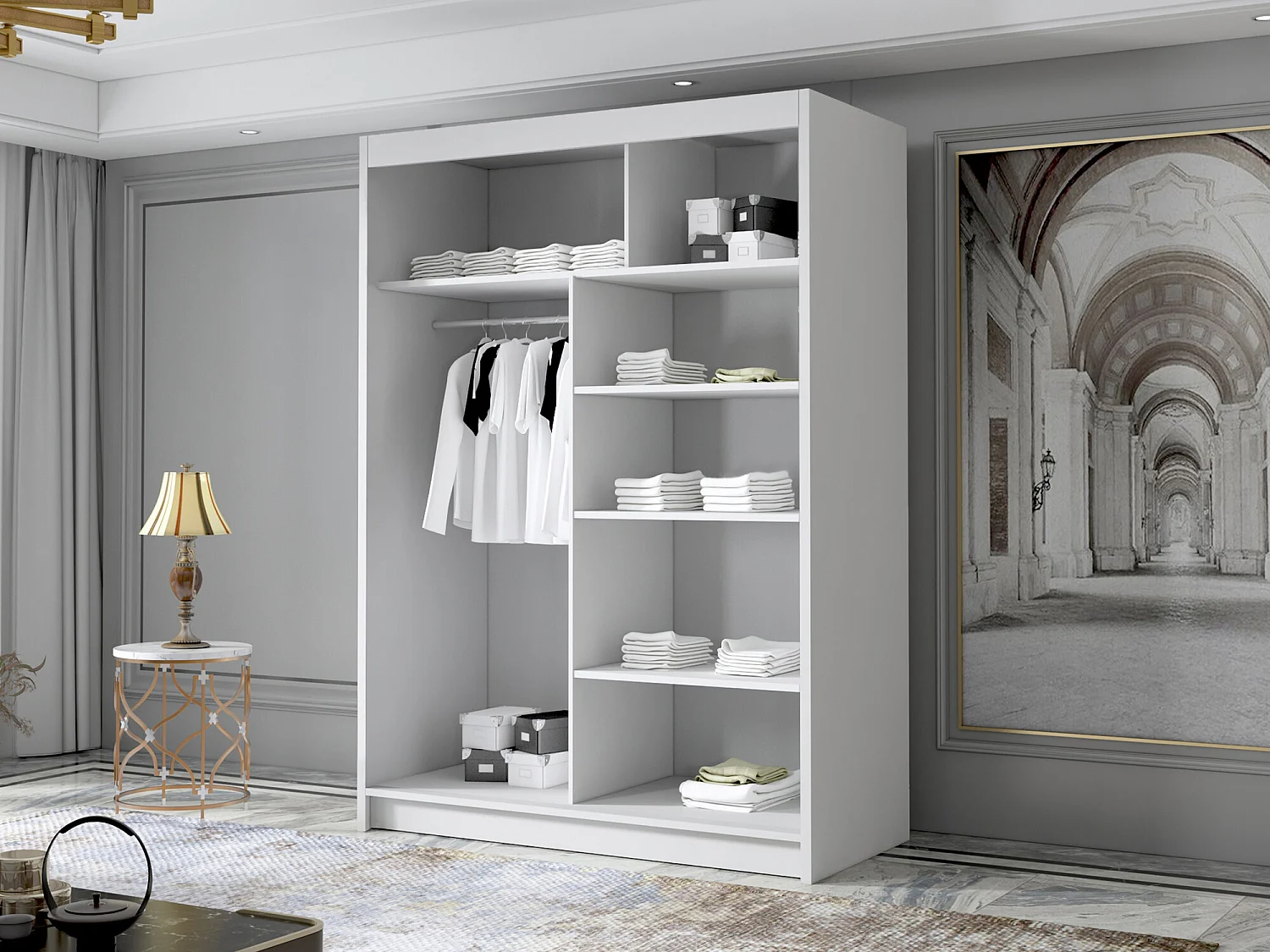 Armoire Closico 188, Blanc|Noir, 200x120x58cm, Portes d'armoire: Coulissantes