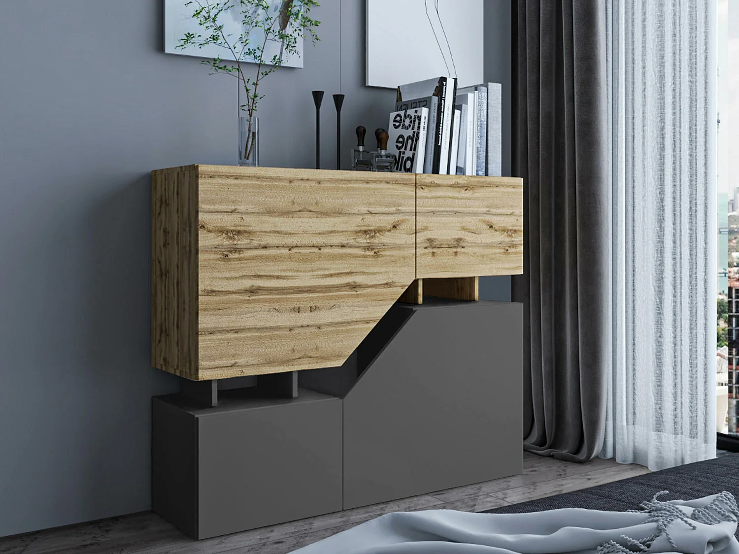 Buffet Comfivo Daldune 101, Anthracite|Chêne wotan, 100x120cm, Le nombre de portes: 435cm