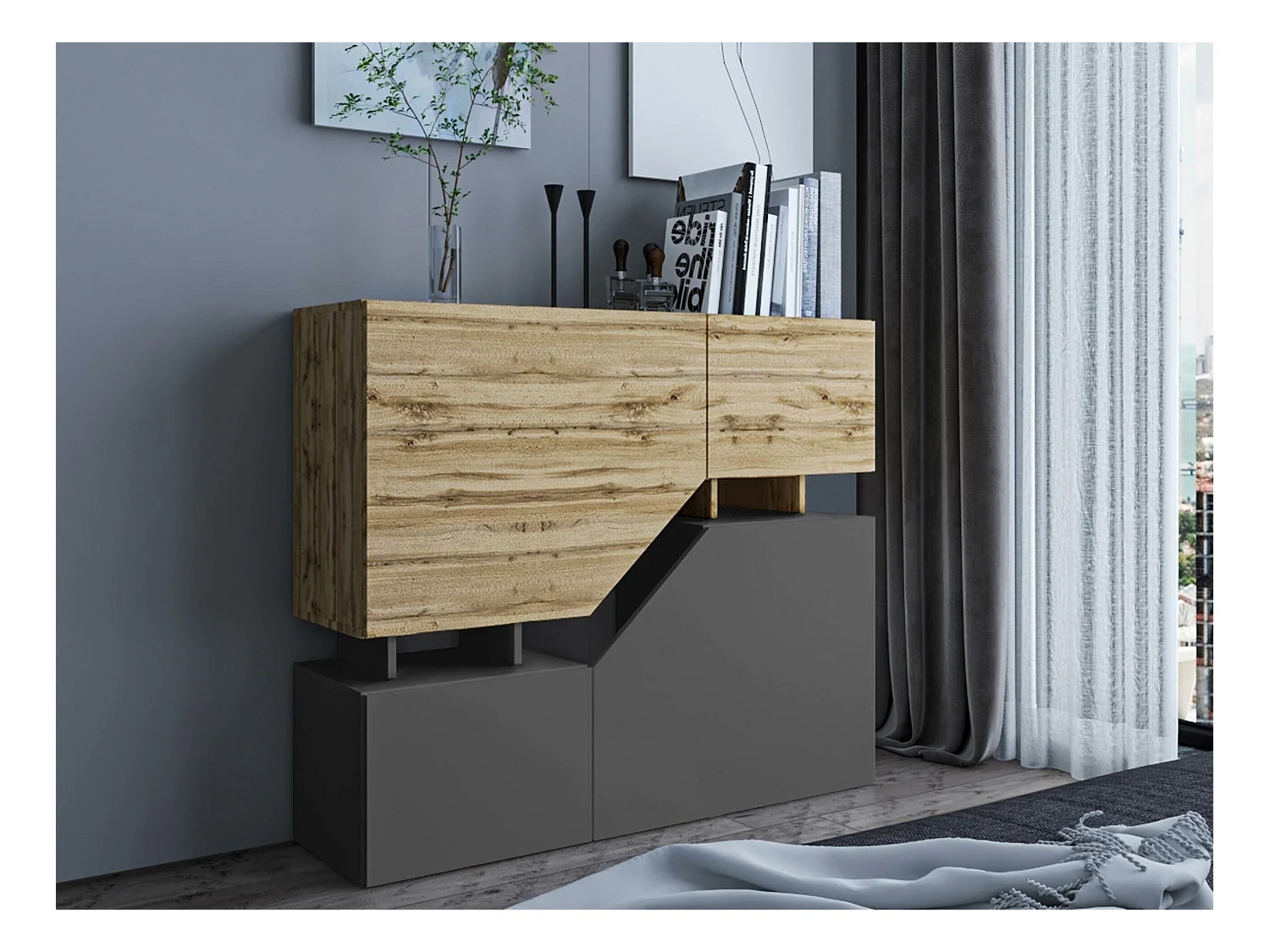 Buffet Comfivo Daldune 101, Chêne wotan|Anthracite, 100x120cm, Le nombre de portes: 435cm