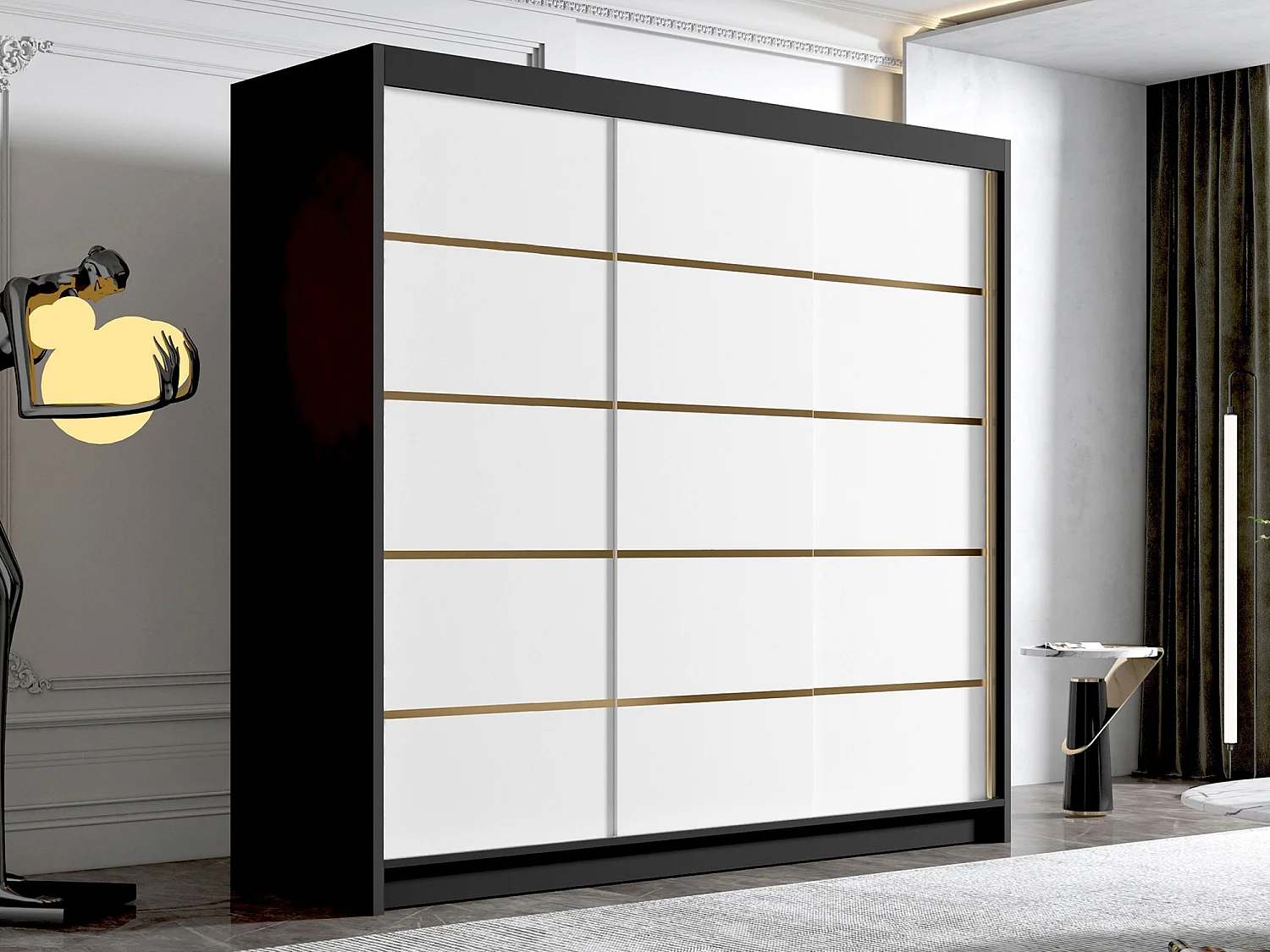 Armoire Closico 185, Blanc|Noir, 215x200x58cm, Portes d'armoire: Coulissantes