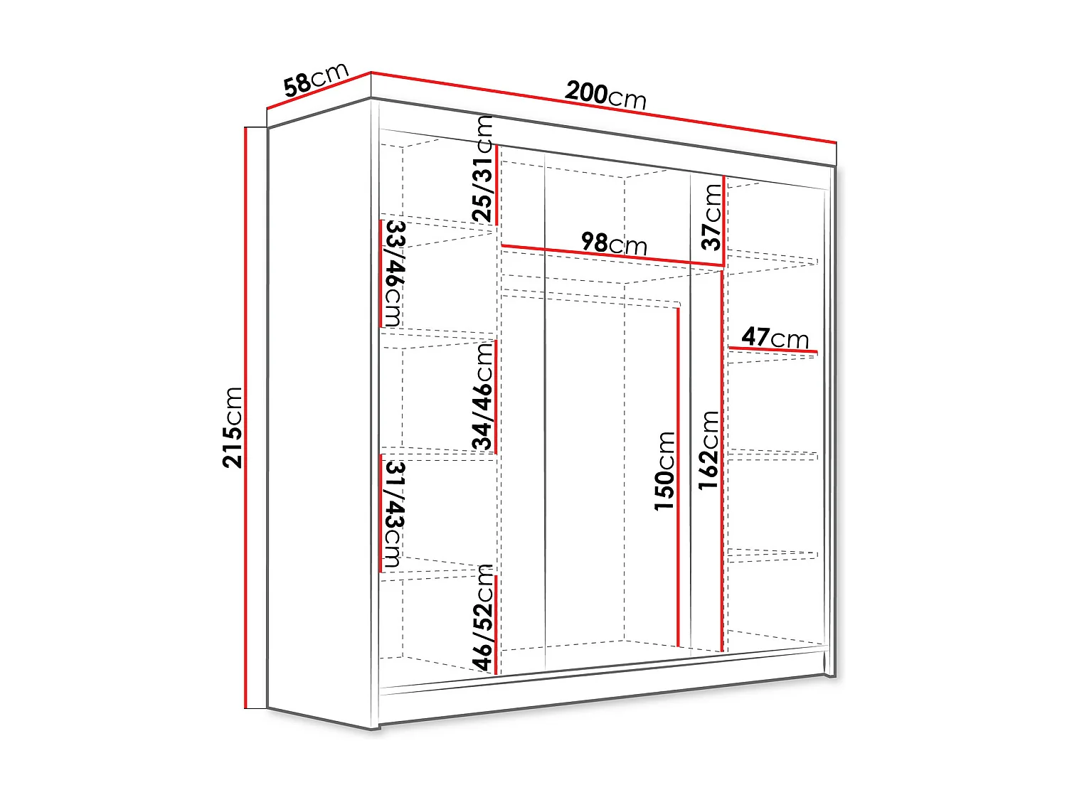 Armoire Closico 185, Blanc|Noir, 215x200x58cm, Portes d'armoire: Coulissantes