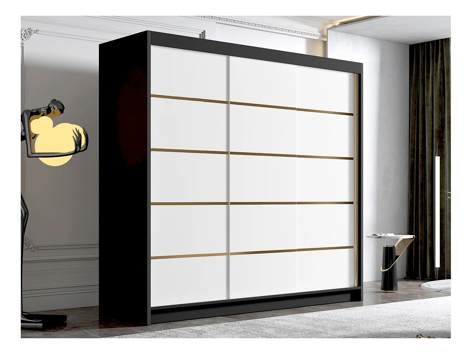 Armoire Closico 185, Noir|Blanc, 215x200x58cm, Portes d'armoire: Coulissantes