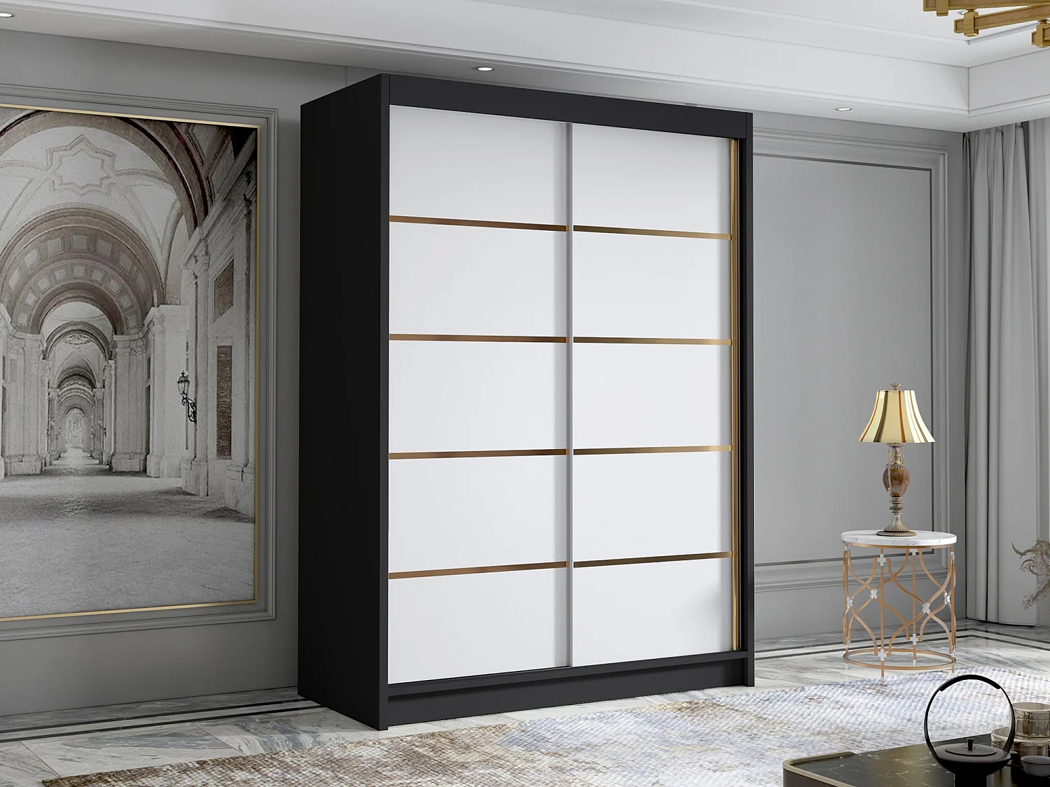 Armoire Closico 188, Blanc|Noir, 200x120x58cm, Portes d'armoire: Coulissantes