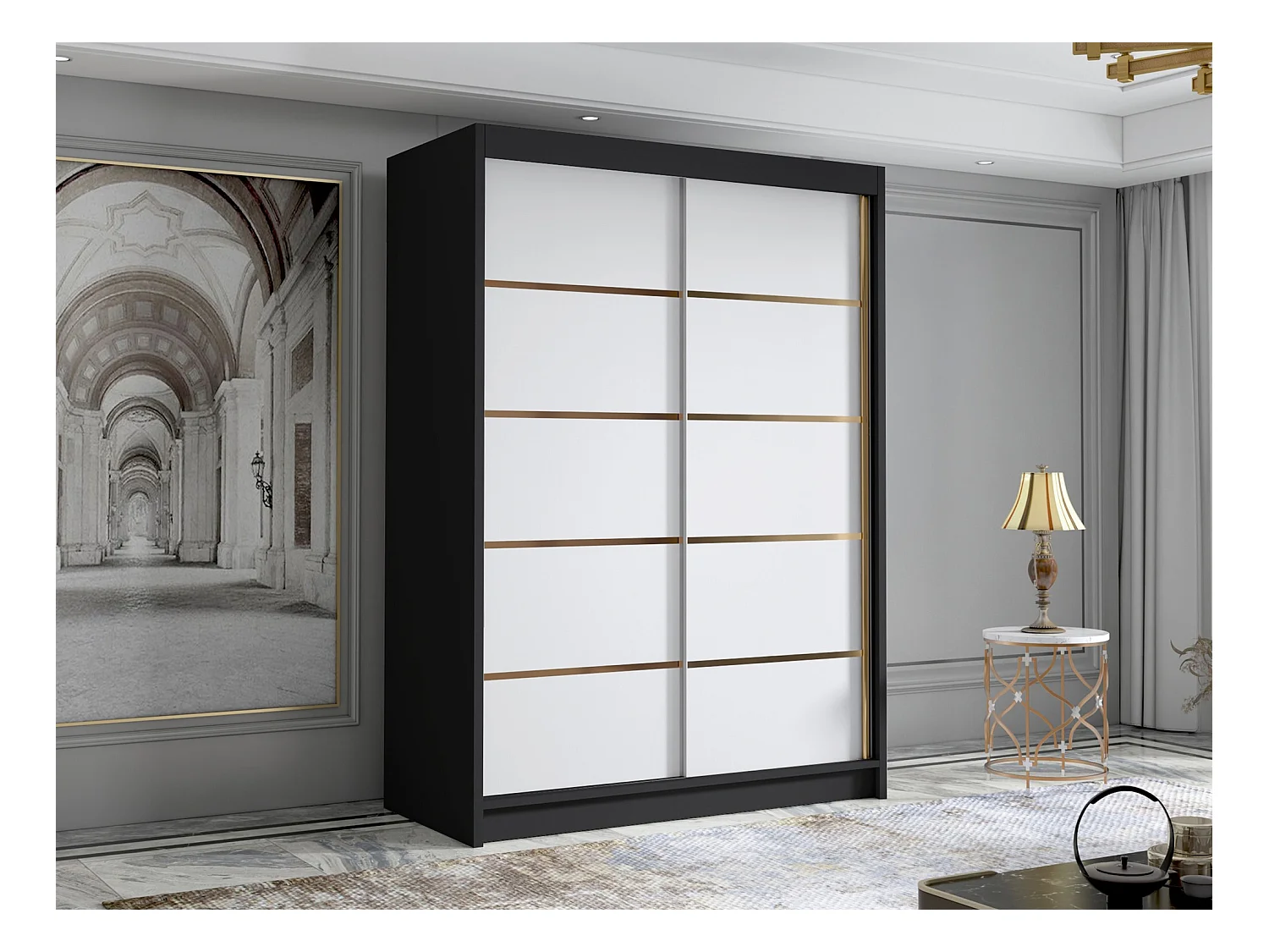 Armoire Closico 188, Blanc|Noir, 200x120x58cm, Portes d'armoire: Coulissantes