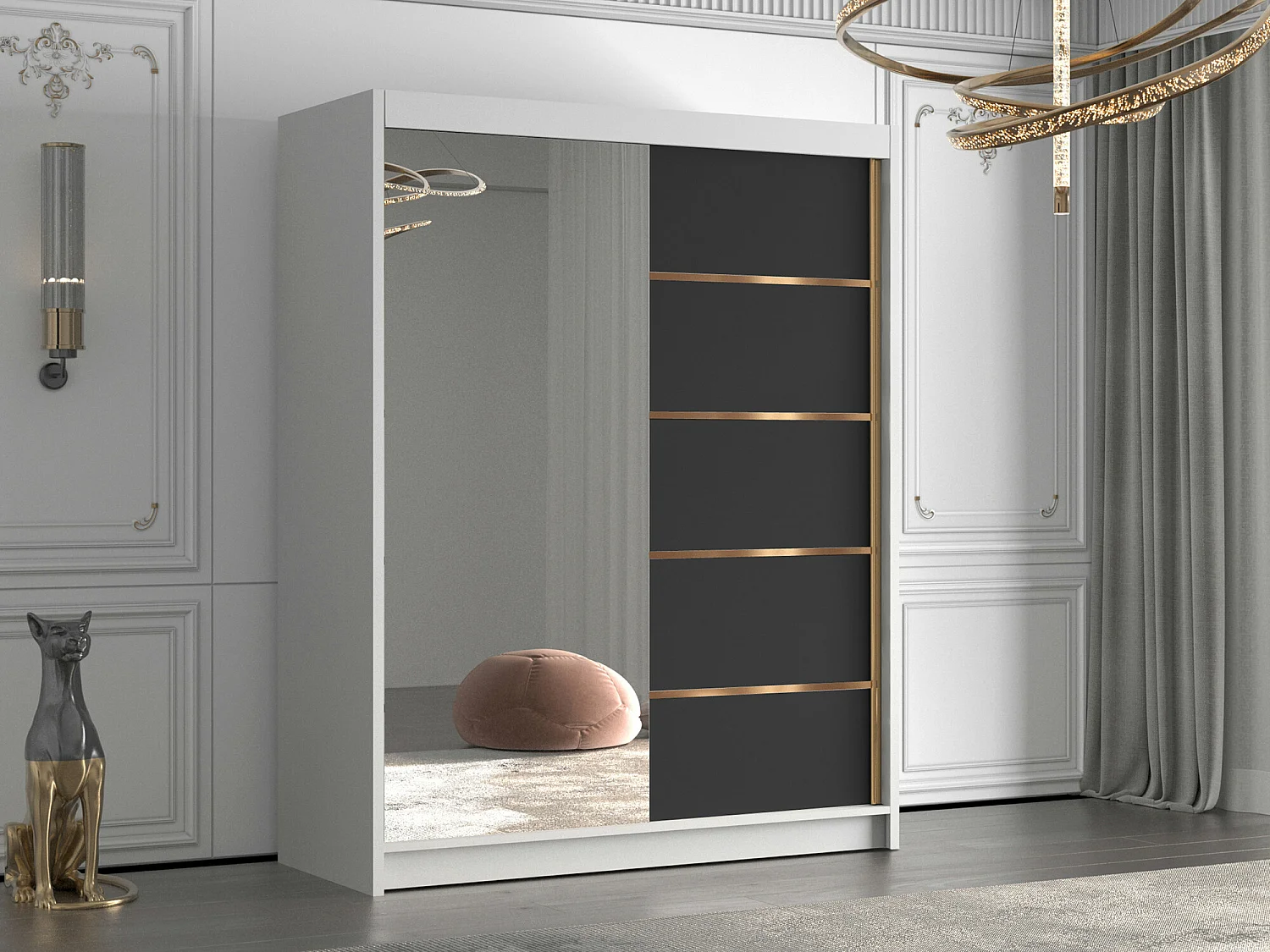 Armoire Closico 187, Noir|Blanc, 200x150x58cm, Portes d'armoire: Coulissantes