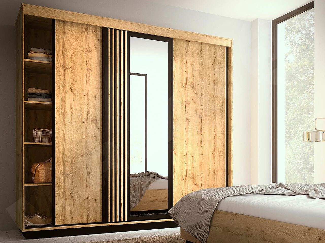 Armoire Tenodeu 123, Chêne wotan|Noir, 224x240x66cm, Portes d'armoire: Coulissantes