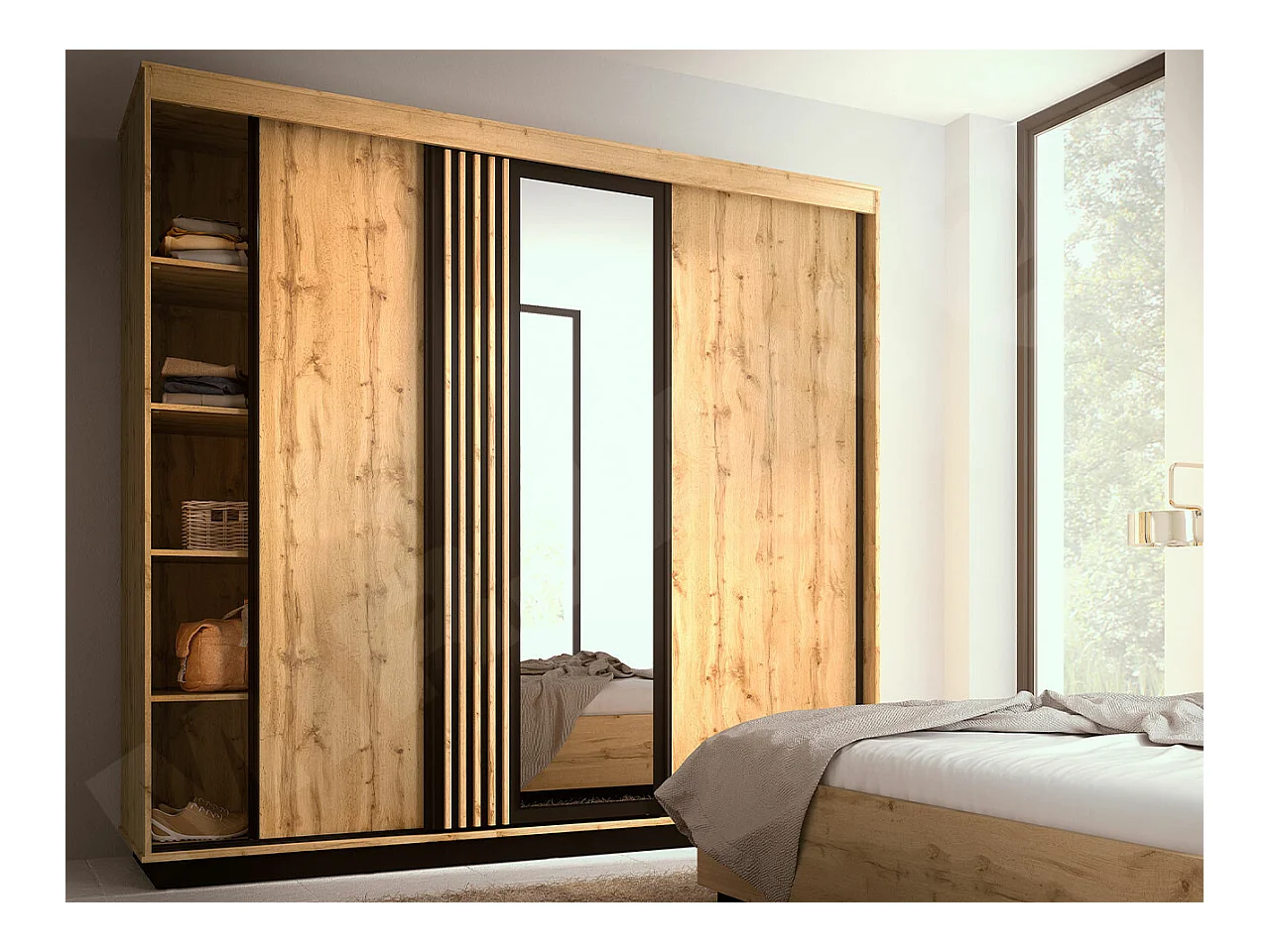 Armoire Tenodeu 123, Noir|Chêne wotan, 224x240x66cm, Portes d'armoire: Coulissantes