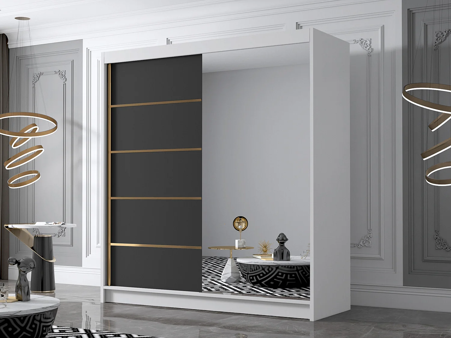Armario Closico 186, Negro|Blanco, 215x180x58cm, Puertas de armario: Correderas