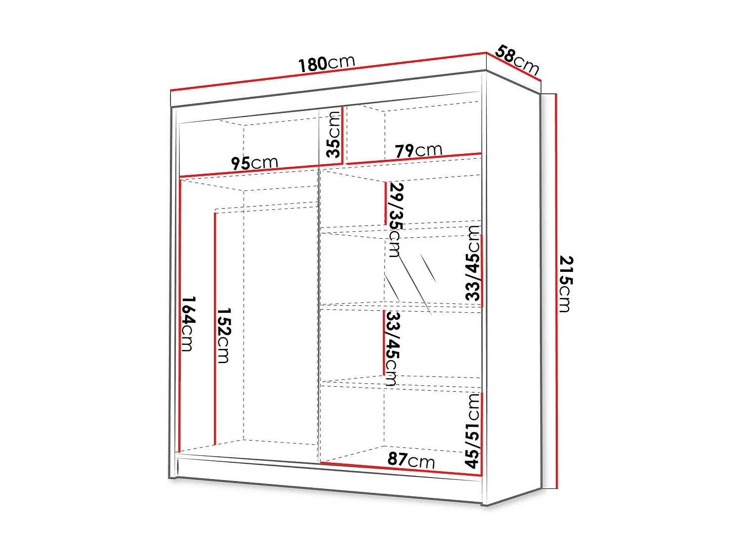 Armario Closico 186, Negro|Blanco, 215x180x58cm, Puertas de armario: Correderas