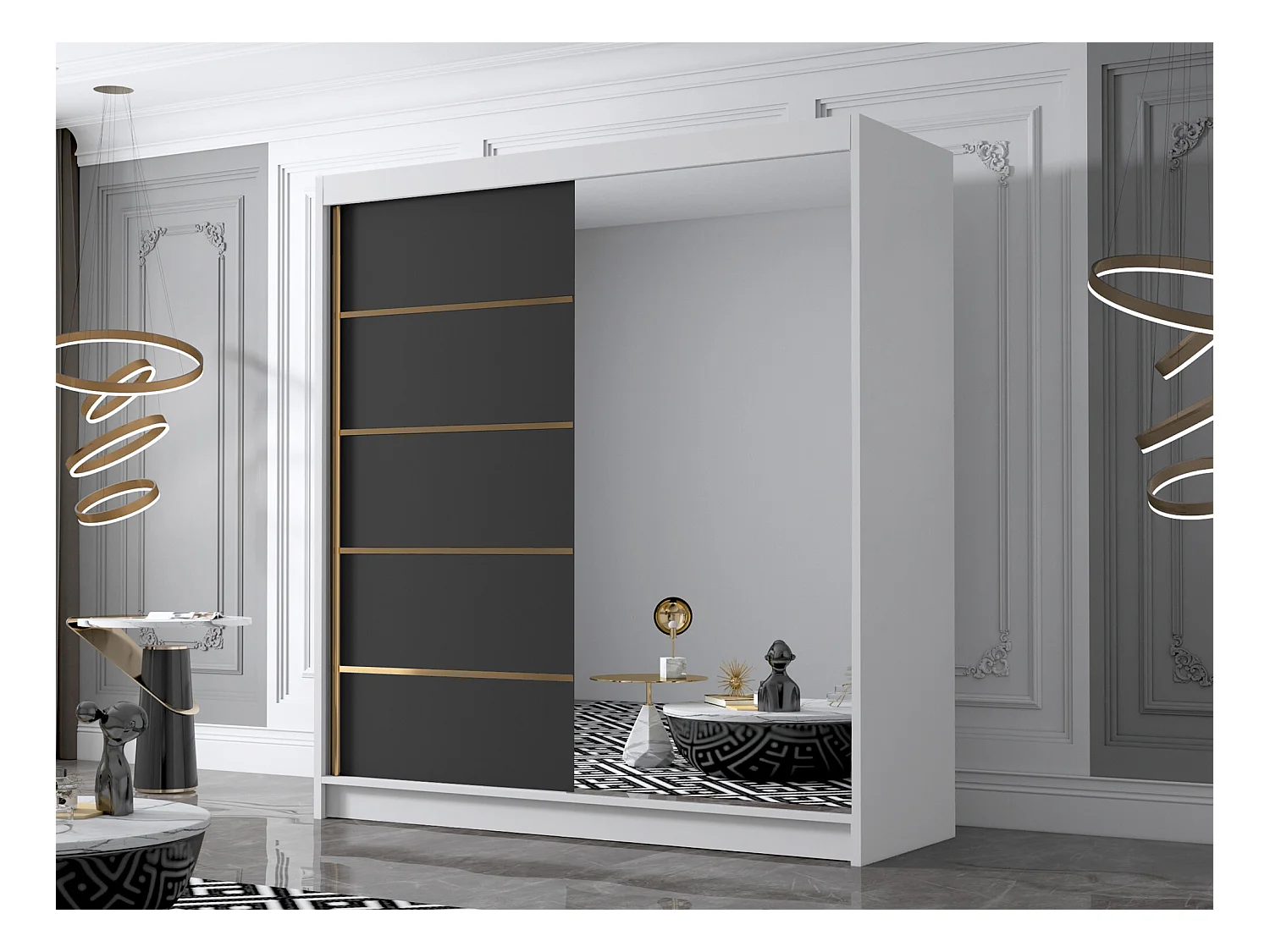 Armoire Closico 186, Blanc|Noir, 215x180x58cm, Portes d'armoire: Coulissantes