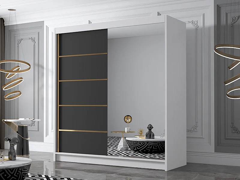 Armoire Closico 186, Noir|Blanc, 215x180x58cm, Portes d'armoire: Coulissantes