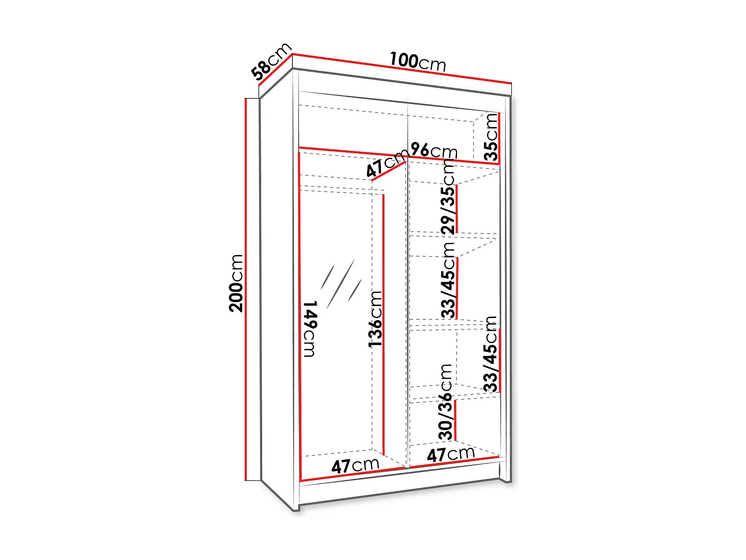 Armoire Closico 189, Noir|Blanc, 200x100x58cm, Portes d'armoire: Coulissantes