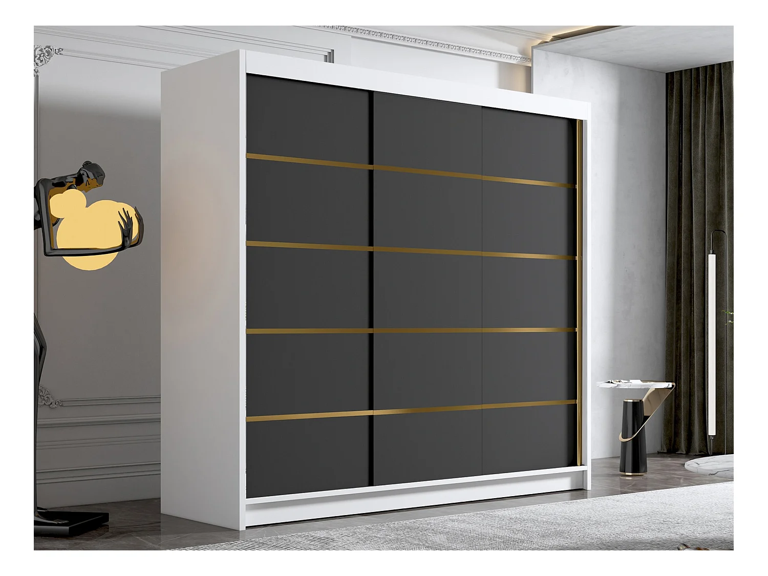 Guardaroba Closico 185, Bianco|Nero, 215x200x58cm, Porte guardaroba: Scorrevoli