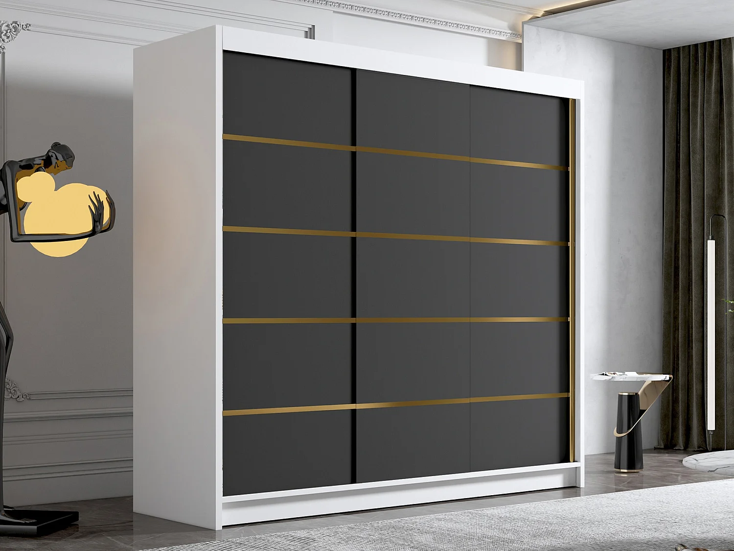 Armoire Closico 185, Blanc|Noir, 215x200x58cm, Portes d'armoire: Coulissantes